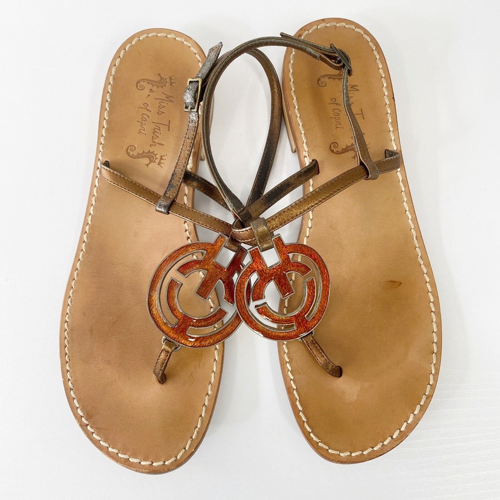 Miss Trish of Capri Enamel Medallion Thong Sandals Metallic 40 Bronze Leather